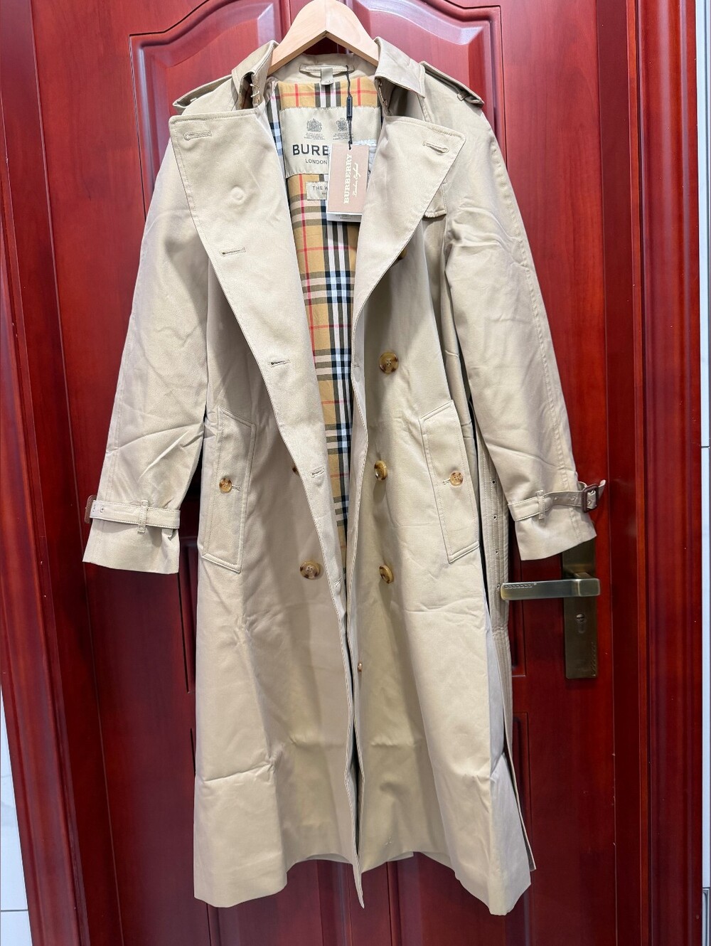 Burberry Beige Double-Breasted Trench Coat with Signature Plaid Lining